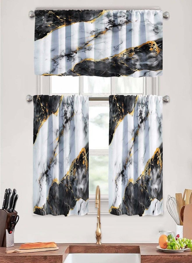 MCALK Marble Black Kitchen Curtains Tiers and Valances Set 3 Piece for Windows Abstract Black Kitchen Window Curtains, Modern Valances for Living Room(36" Tiers Set) - Image 1